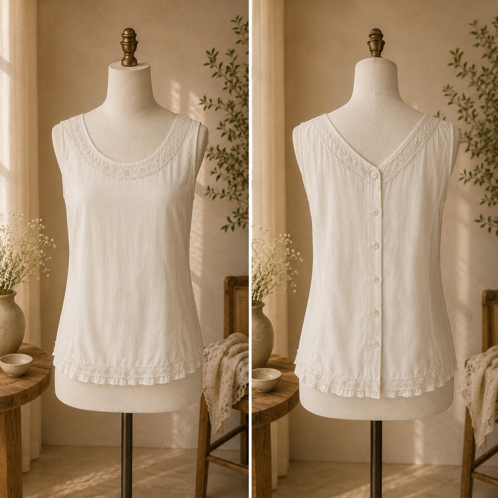 Karavan Sleeveless Top Womens M Button Back Embroidered Cream Boho Cottagecore